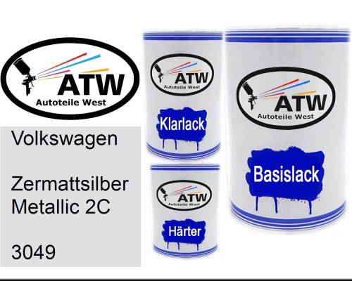 Volkswagen, Zermattsilber Metallic 2C, 3049: 500ml Lackdose + 500ml Klarlack + 250ml Härter - Set, von ATW Autoteile West.